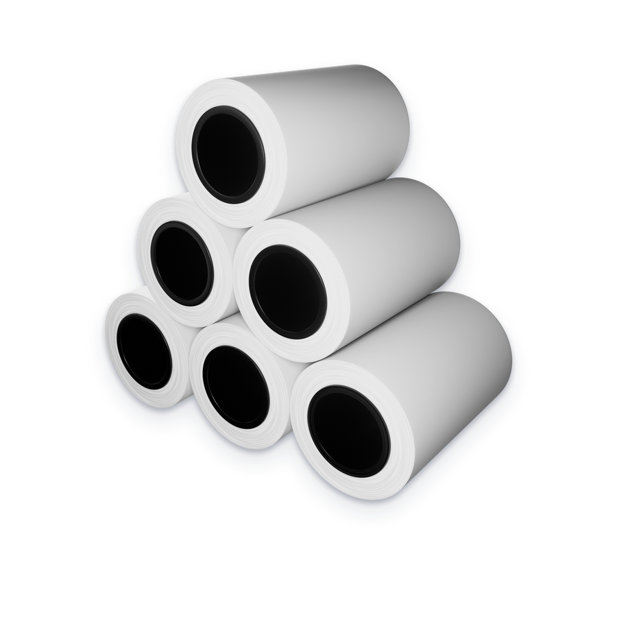 Six thermal paper rolls stacked in a pyramid