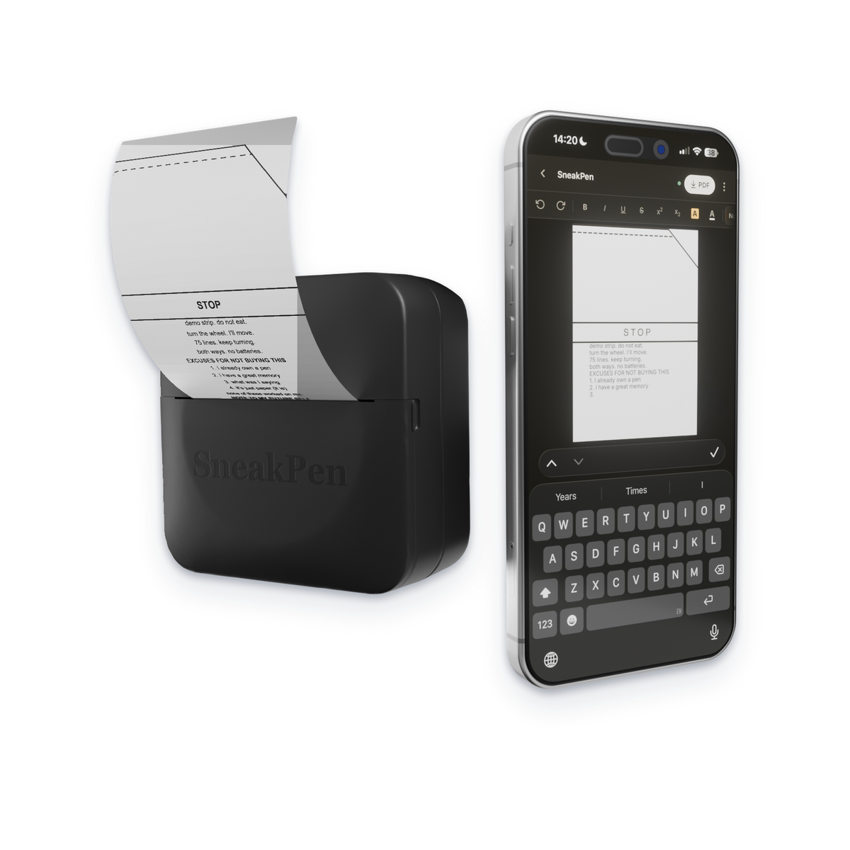 The pocket printer next to a phone showing the SneakPen app