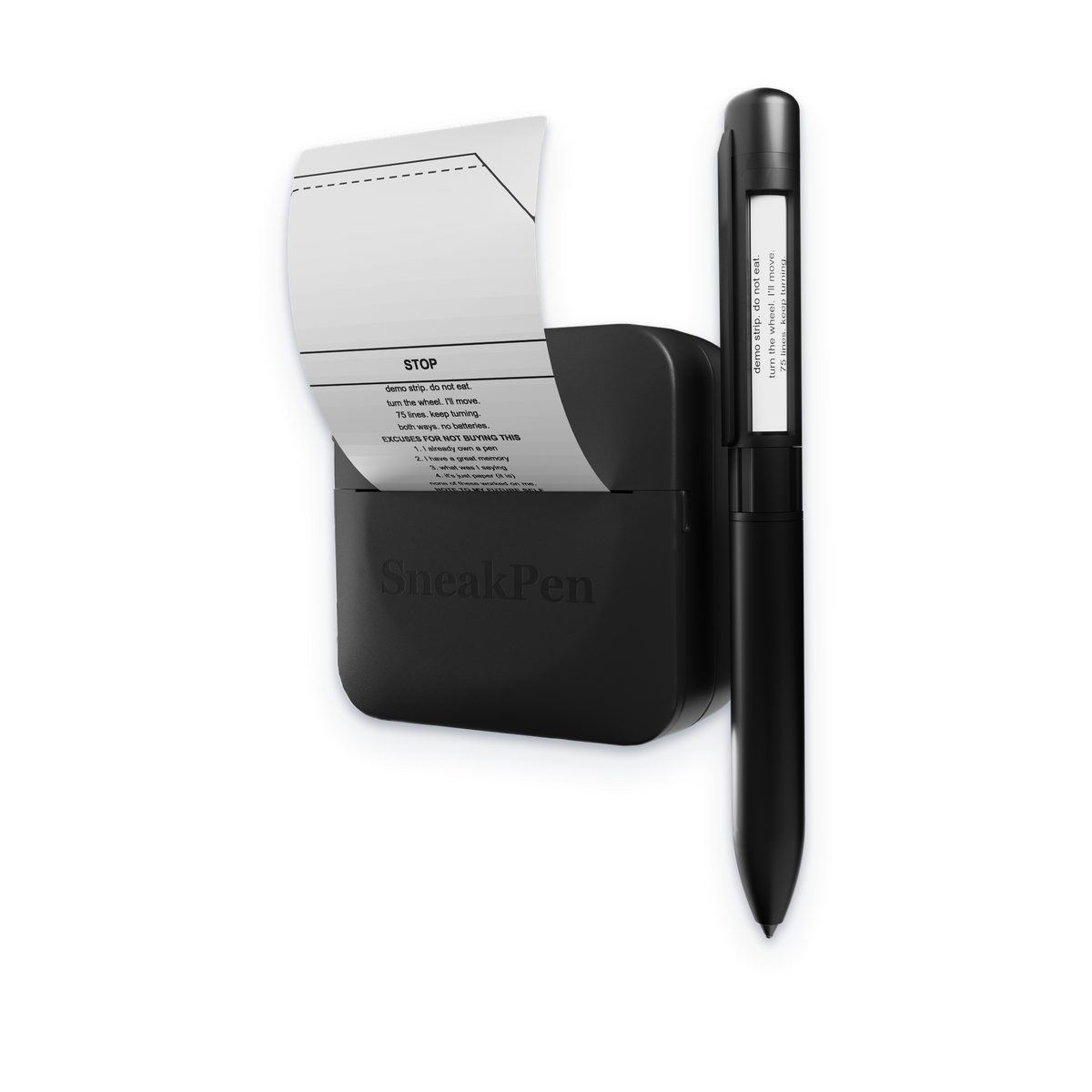 The pocket printer printing a strip, with the SneakPen standing in front of it