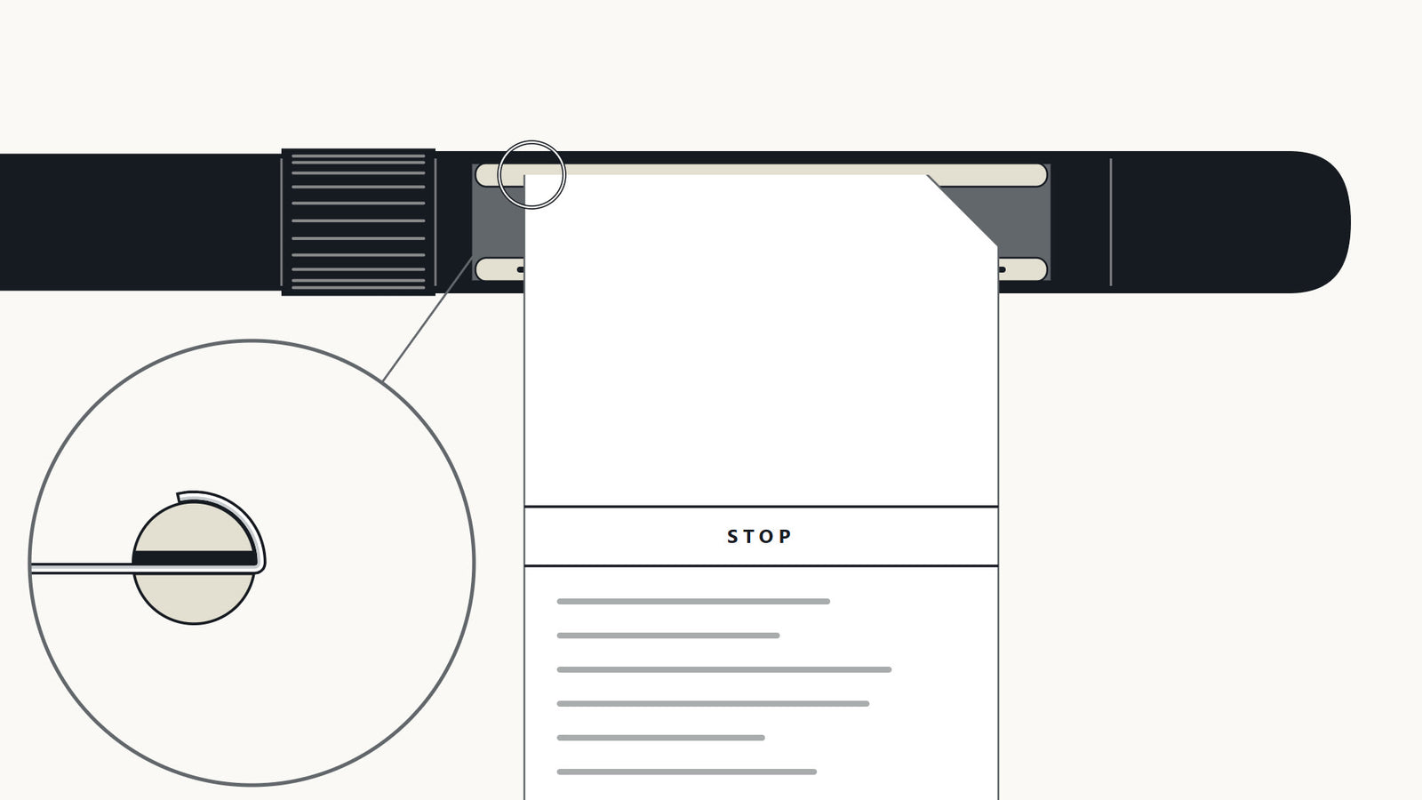 Animation: the fold goes through the slot of the upper roller and only its 2 mm flap catches; the strip winds up, then the other fold goes into the lower roller and the strip winds back down.