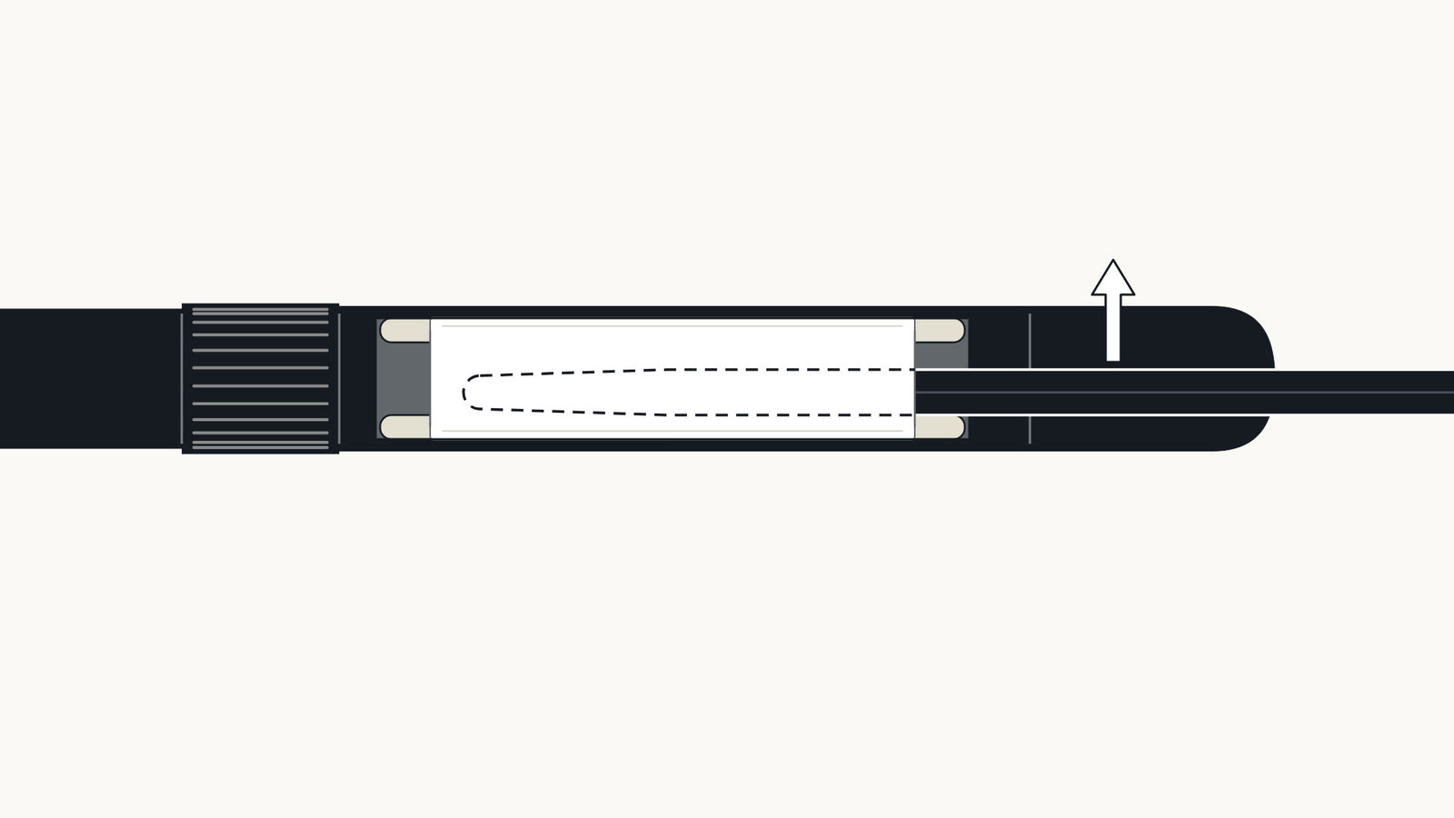 Animation: flat tweezers slide under the strip from the cap side and pull it up, the end comes out of the lower roller, then the strip unwinds and comes out whole.