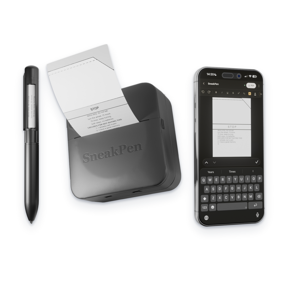 The SneakPen app on a phone, next to the pocket printer feeding out a strip and the SneakPen
