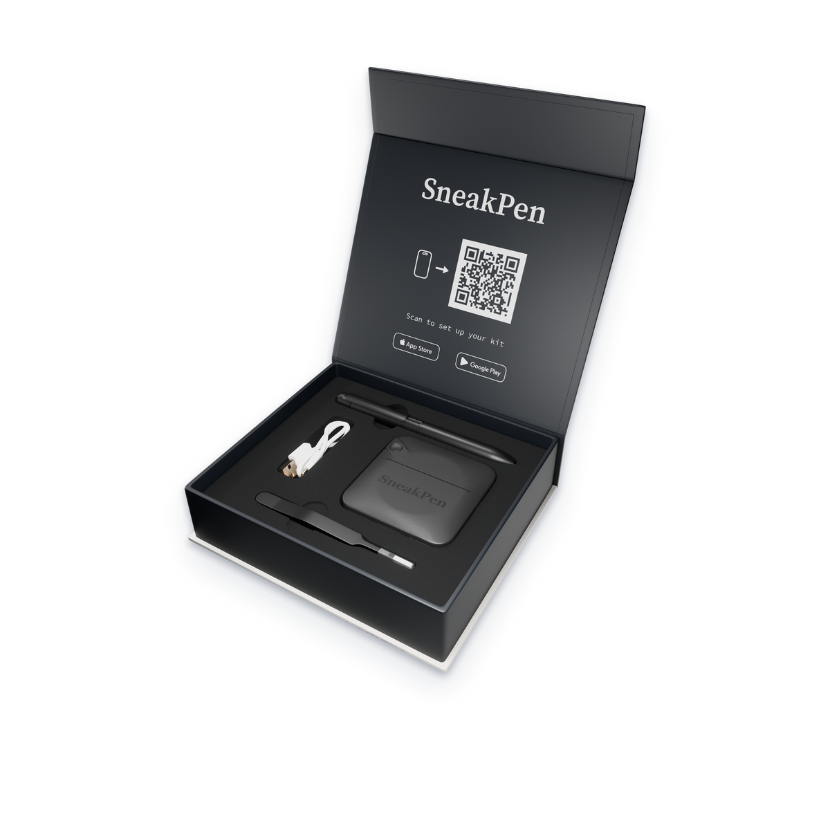 The SneakPen gift box open, with the pocket printer, the pen, the tweezers and the cable