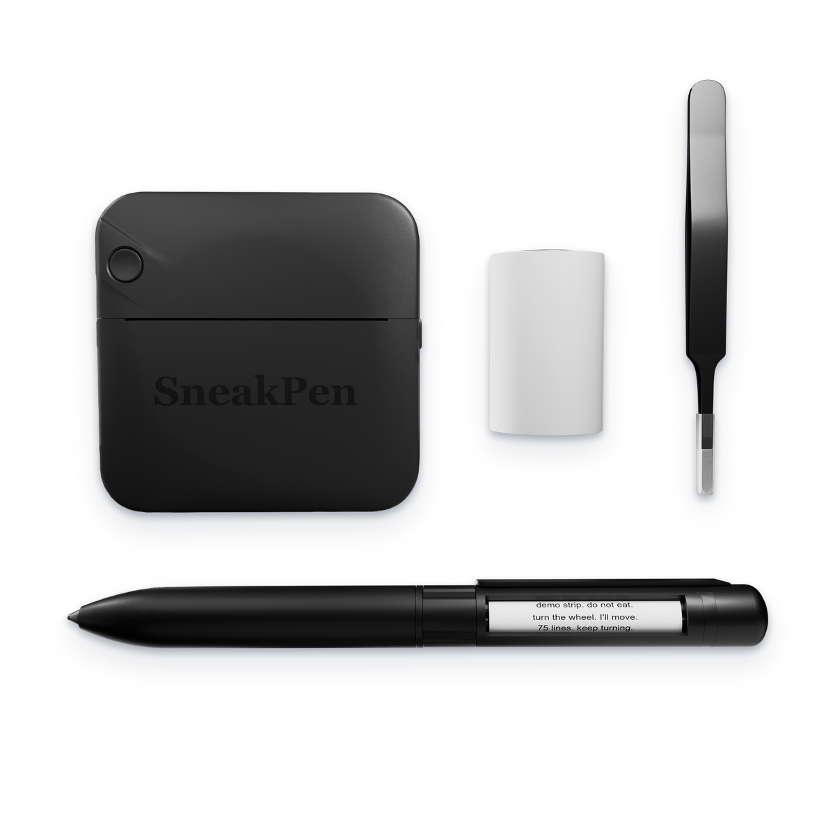 The SneakPen kit laid flat: the pen with its reading window open, the pocket printer, a paper roll and the tweezers