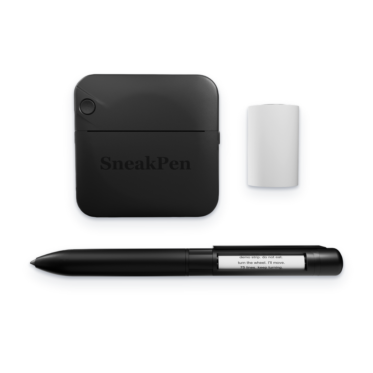 The SneakPen with its reading window open, next to the pocket printer and a paper roll