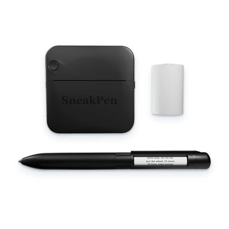 The SneakPen with its reading window open, next to the pocket printer and a paper roll