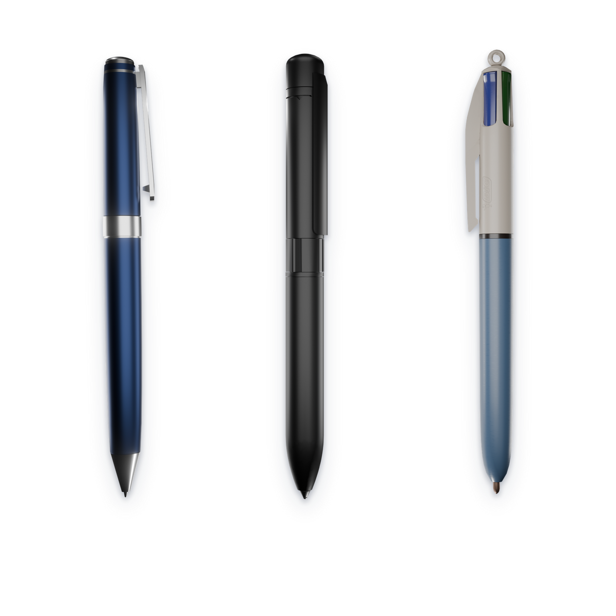 The SneakPen standing between two ordinary pens, all about the same length