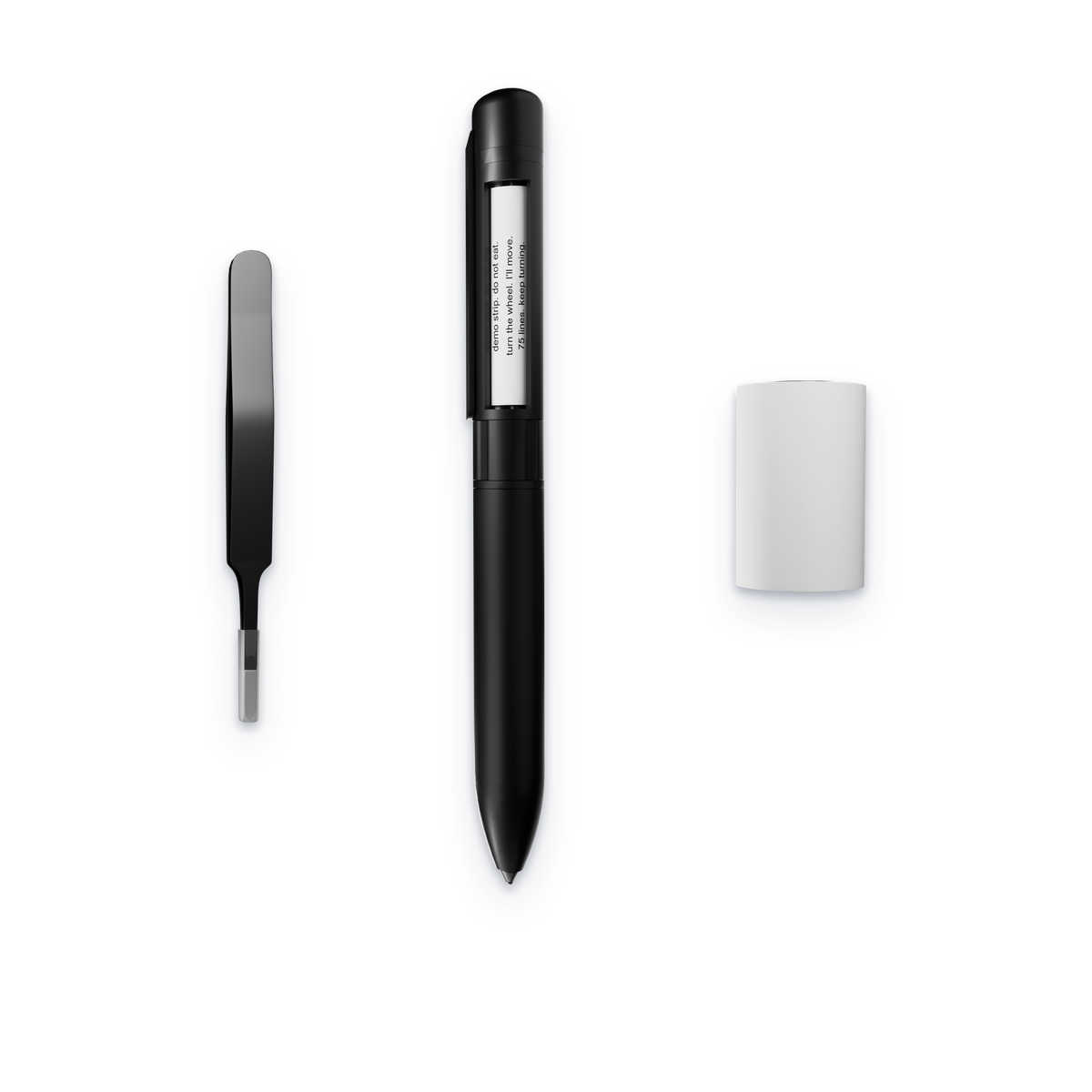 Tout le contenu du kit SneakPen Solo : le stylo, un rouleau de papier et la pince