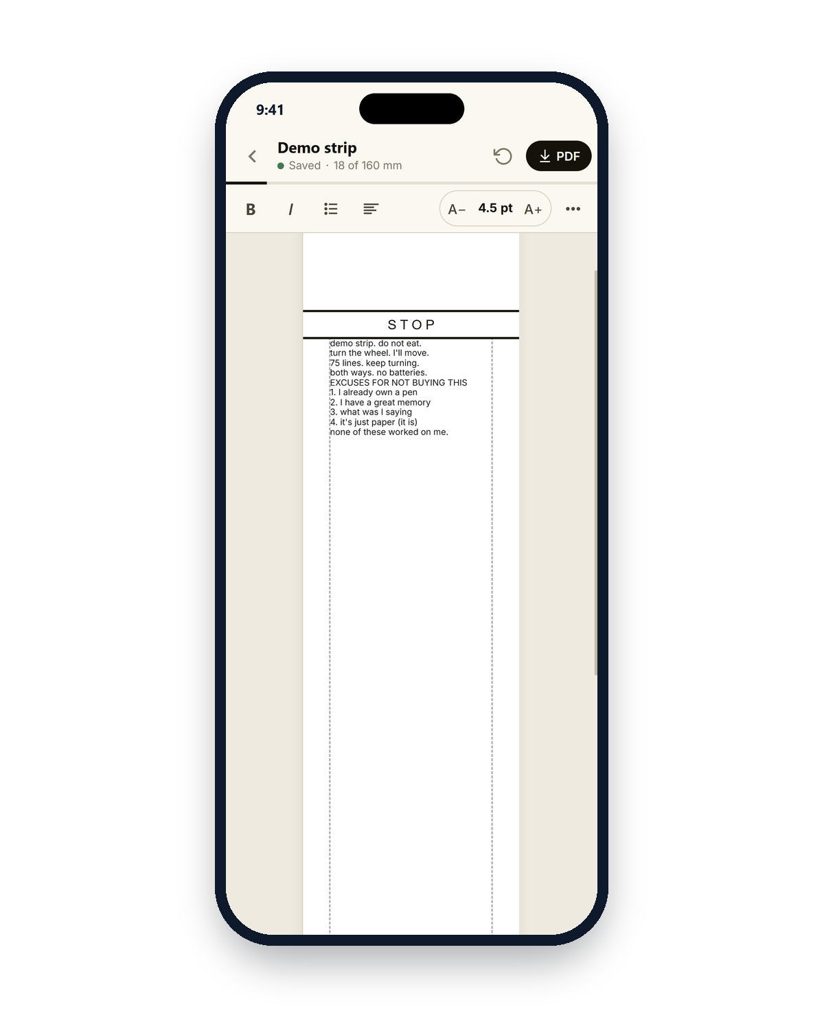 The SneakPen app open on a phone: a demo strip typed, ready to export as a PDF.