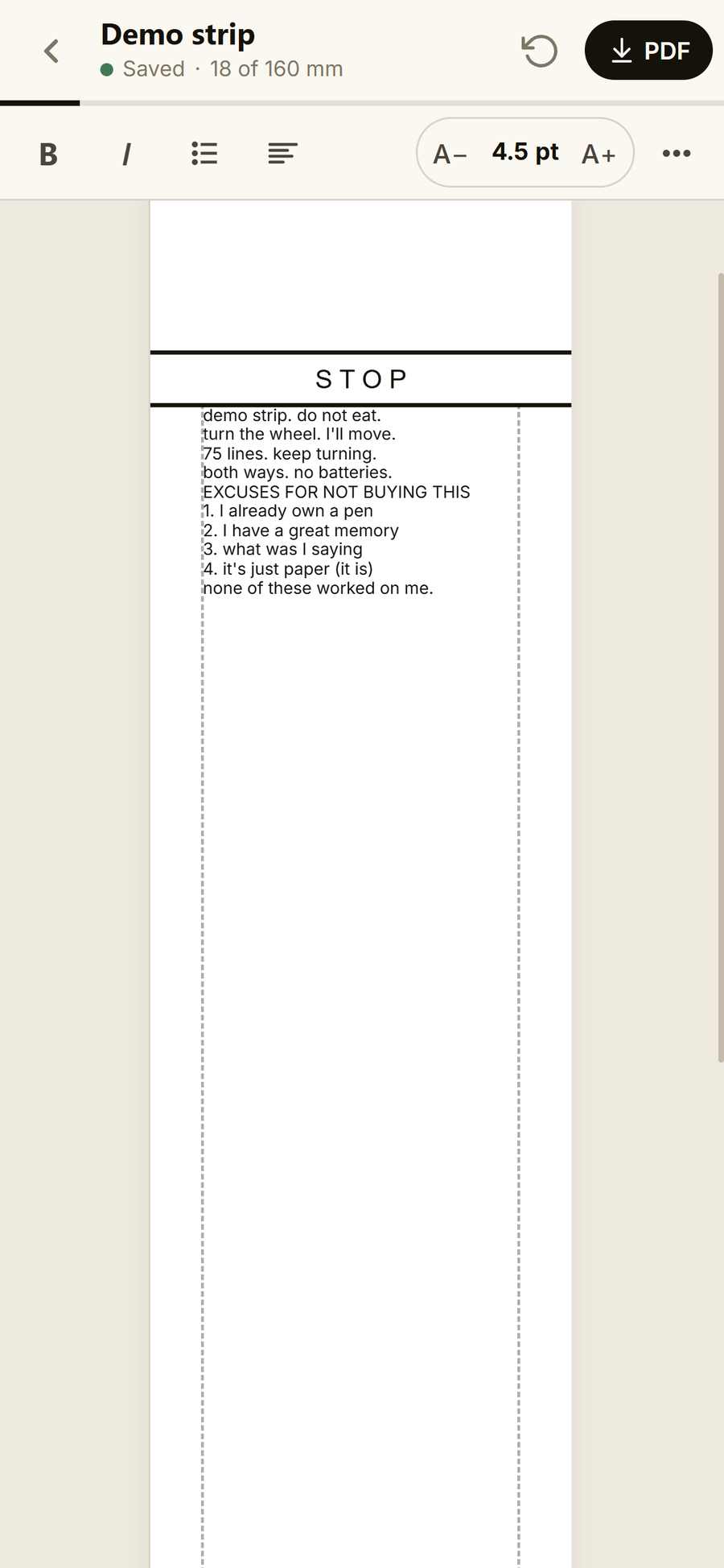 The SneakPen app editor with a demo strip typed in.
