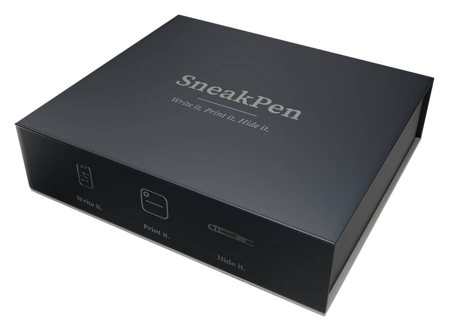 The SneakPen gift box, closed, printed with “Write it. Print it. Hide it.”