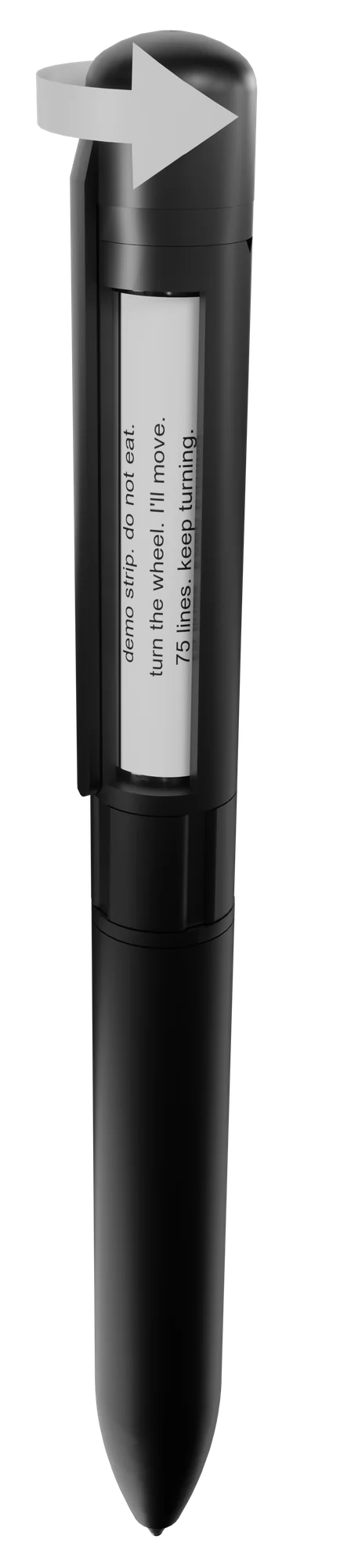The SneakPen with its window open and an arrow on the cap showing the turn that closes it.