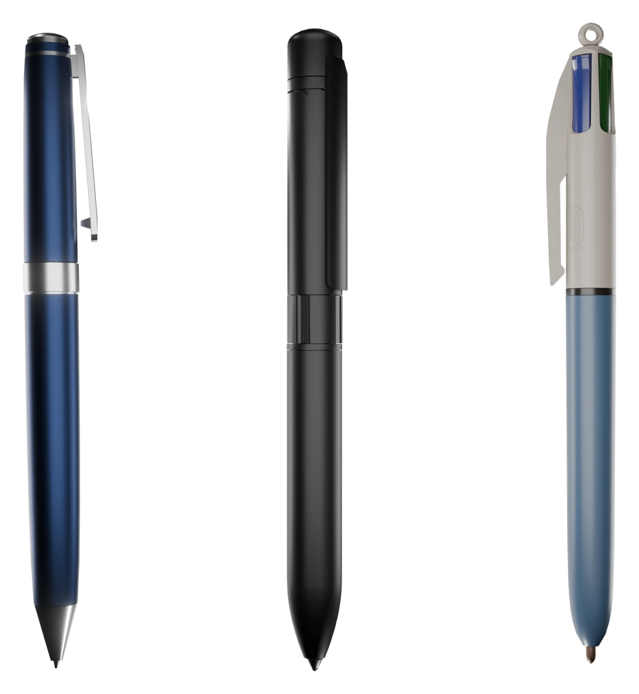 The SneakPen next to two ordinary pens, all the same size