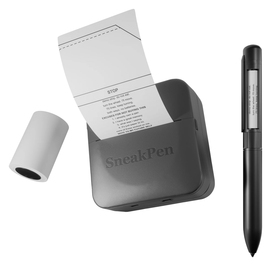 The pocket printer printing a strip, a roll of paper and the SneakPen standing beside it.